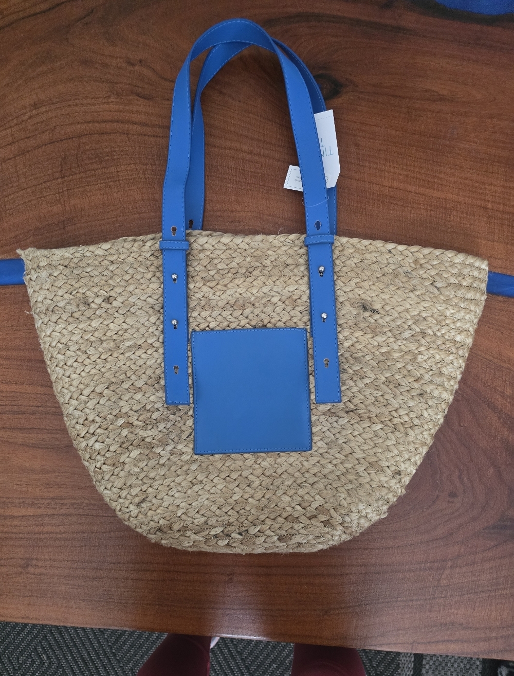 Woven Straw Tote with Blue Leather Handles